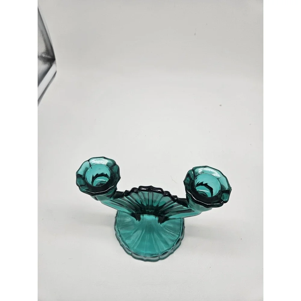 Vintage Jeanette Ultramarine Teal Glass Fan Double Candlestick Holder